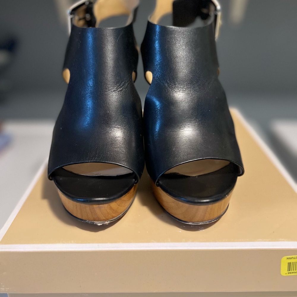 Michael Kors Black Leather Mules with Wooden Platform
